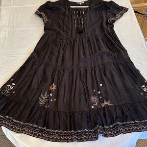 Johnny Was Black Tiered Dress with Floral Embroidery